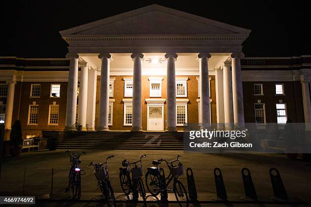 Lights illuminate a building of University of Virginia School of Medicine on March 19, 2015 in Charlottsville, Virginia. Martese Johnson is the black...