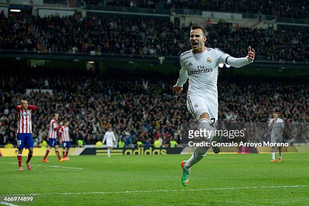 Jese Rodriguez of Real Madrid CF jumps celebrating scoring their second goal during the Copa del Rey semifinal first leg match between Real Madrid CF...