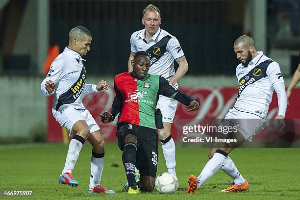 Anouar Hadouir of NAC Breda, Geoffrey Castillion of NEC Nijmegen, Henrico Drost of NAC Breda, Joey Suk of NAC Breda during the Dutch Eredivisie match...