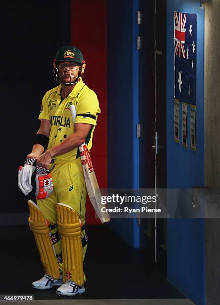 David Warner of Australia prepares to walk out to bat during the 2015 ICC Cricket World Cup match between Australian and Pakistan at Adelaide Oval on...