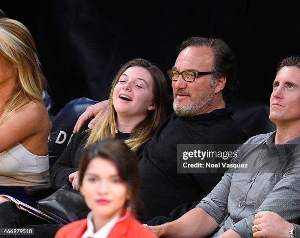 Jamison Bess Belushi and Jim Belushi attend a basketball game between the Utah Jazz and the Los Angeles Lakers at Staples Center on March 19, 2015 in...