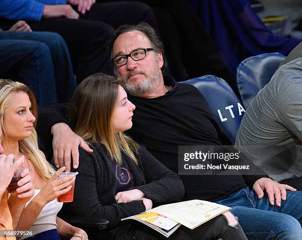 Jamison Bess Belushi and Jim Belushi attend a basketball game between the Utah Jazz and the Los Angeles Lakers at Staples Center on March 19, 2015 in...