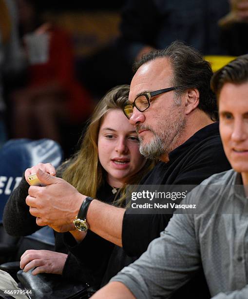 Jamison Bess Belushi and Jim Belushi attend a basketball game between the Utah Jazz and the Los Angeles Lakers at Staples Center on March 19, 2015 in...