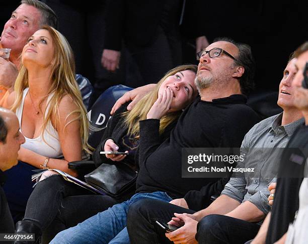 Jamison Bess Belushi and Jim Belushi attend a basketball game between the Utah Jazz and the Los Angeles Lakers at Staples Center on March 19, 2015 in...