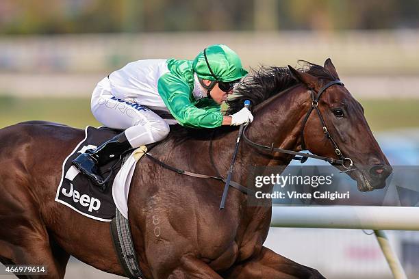 Vlad Duric riding Don Doremo wins Race 2, during Melbourne Racing at Moonee Valley Racecourse on March 20, 2015 in Melbourne, Australia.