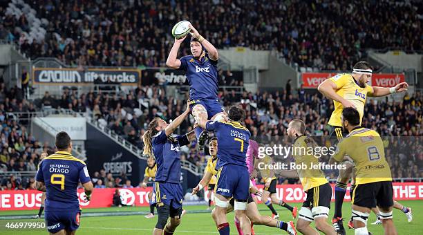 Joe Wheeler of the Highlanders takes clean line-out ball during the round six Super Rugby match between the Highlanders and the Hurricanes at Forsyth...