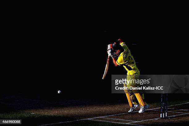 David Warner of Australia bats during the 2015 ICC Cricket World Cup match between Australian and Pakistan at Adelaide Oval on March 20, 2015 in...