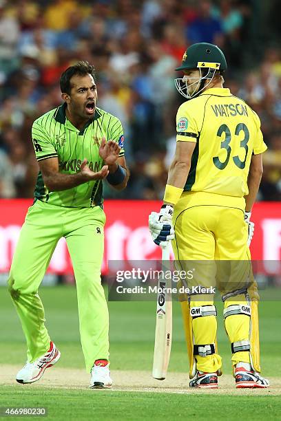 Wahab Riaz of Pakistan reacts to Shane Watson of Australia during the 2015 ICC Cricket World Cup match between Australian and Pakistan at Adelaide...