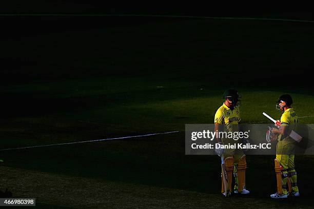 Aaron Finch of Australia and David Warner of Australia look on during the 2015 ICC Cricket World Cup match between Australian and Pakistan at...