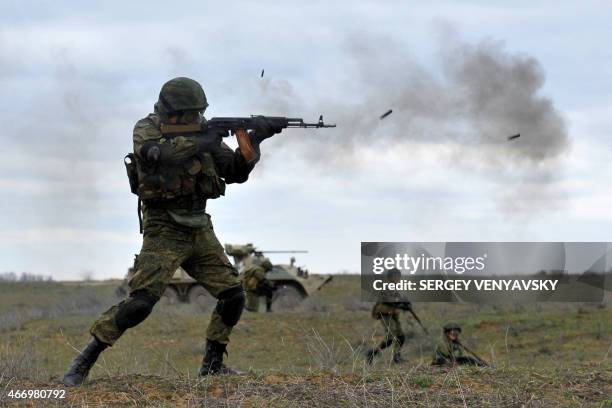 Russian military troops take part in a military drill on Sernovodsky polygon close to the Chechnya border, some 260 km from south Russian city of...