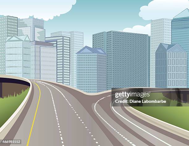 two lane highway with city in background - exit sign vector stock illustrations