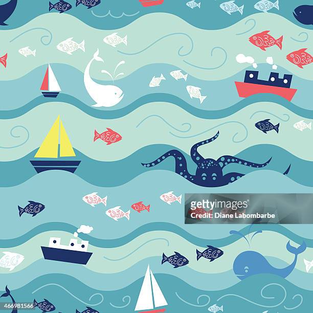 childrens meer leben nahtlose wiederholen muster  - boat on water stock-grafiken, -clipart, -cartoons und -symbole
