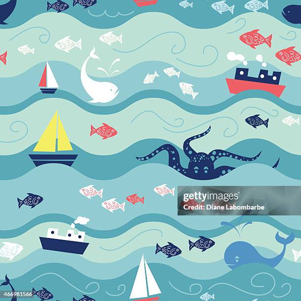 childrens ocean life seamless repeating pattern - cute fish drawings stock illustrations