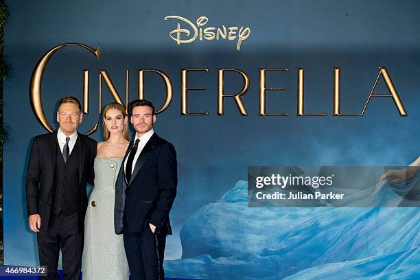Kenneth Branagh, Lily James and Richard Madden attends the UK Premiere of "Cinderella" at Odeon Leicester Square on March 19, 2015 in London, England.