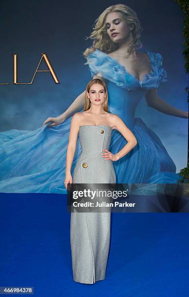 Lily James attends the UK Premiere of "Cinderella" at Odeon Leicester Square on March 19, 2015 in London, England.