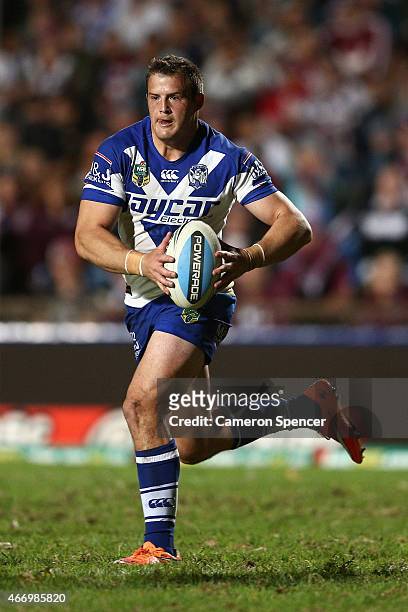 Josh Morris of the Bulldogs runs the ball during the round 3 NRL match between the Manly Warringhah Sea Eagles and the Canterbury Bulldogs at...