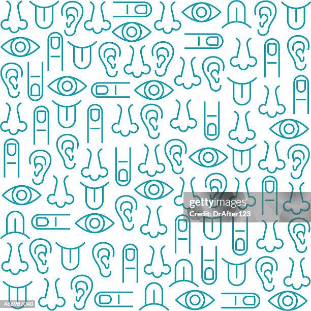 bildbanksillustrationer, clip art samt tecknat material och ikoner med sensory perception icon set and background seamless pattern - sinnesförmåga