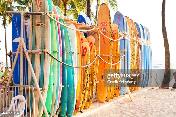 surfboard rental on waikiki beach, honolulu, hawaii, usa - honolulu culture stock pictures, royalty-free photos & images