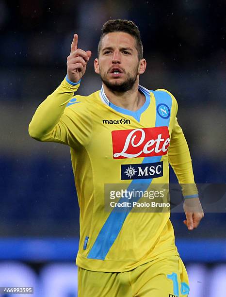 Dries Mertens of SSC Napoli celebrates after scoring their second goal during the TIM Cup match between AS Roma and SSC Napoli at Olimpico Stadium on...