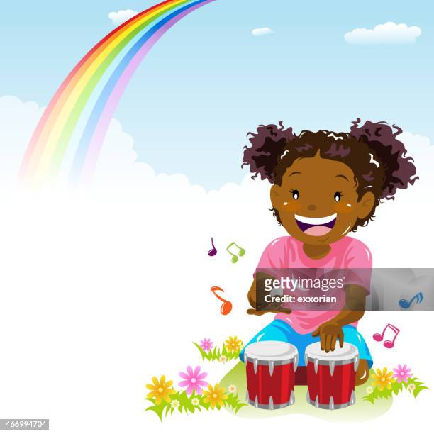 ilustraciones, imágenes clip art, dibujos animados e iconos de stock de niña jugando bongo en resorte - playing drums
