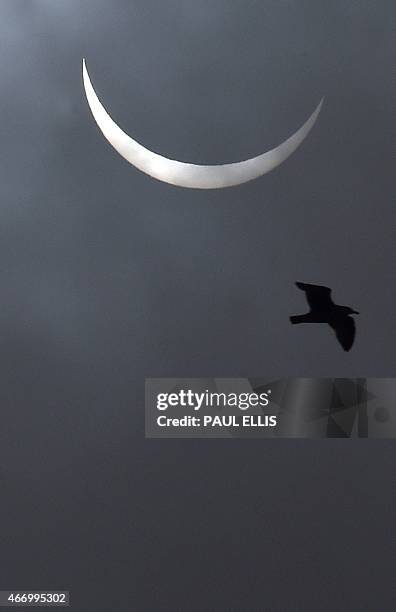 Partial solar eclipse of the sun is visible next to the iconic Liver Bird on top of the Liver Building in Liverpool, north-west England on March 20,...