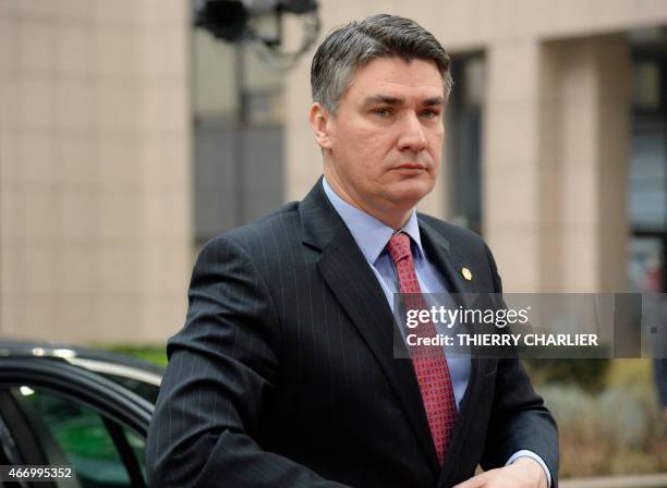 Croatian Prime Minister Zoran Milanovic arrives for a European summit in Brussels on March 20, 2015. . AFP PHOTO / THIERRY CHARLIER