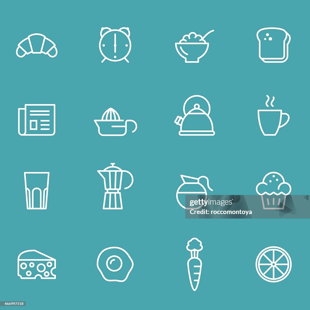 White line outline food and drink icons on a blue background