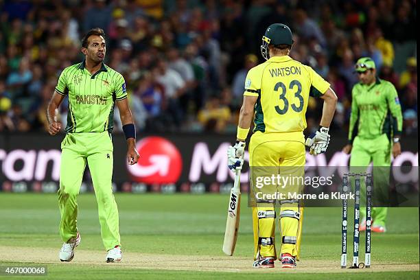 Wahab Riaz of Pakistan reacts to Shane Watson of Australia during the 2015 ICC Cricket World Cup match between Australian and Pakistan at Adelaide...