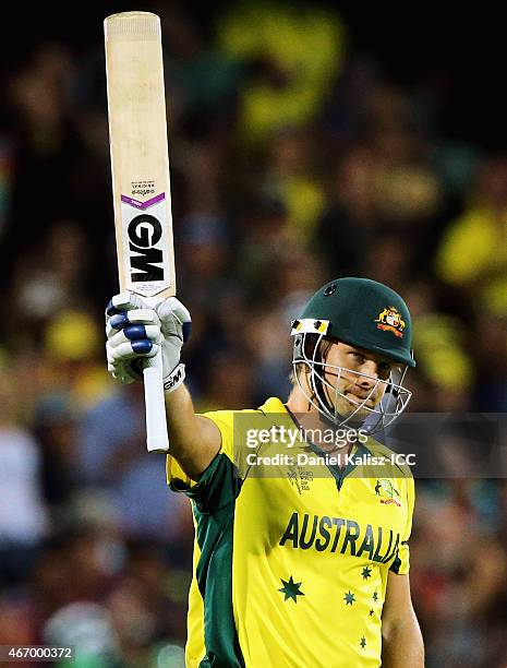 Shane Watson of Australia reacts after reaching his half century during the 2015 ICC Cricket World Cup match between Australian and Pakistan at...