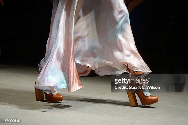 Model, shoe detail, walks the runway of the Bashaques show during Mercedes Benz Fashion Week Istanbul FW15 on March 20, 2015 in Istanbul, Turkey.