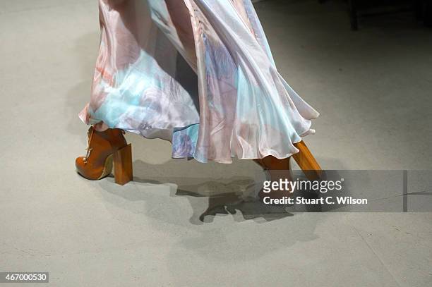 Model, shoe detail, walks the runway of the Bashaques show during Mercedes Benz Fashion Week Istanbul FW15 on March 20, 2015 in Istanbul, Turkey.