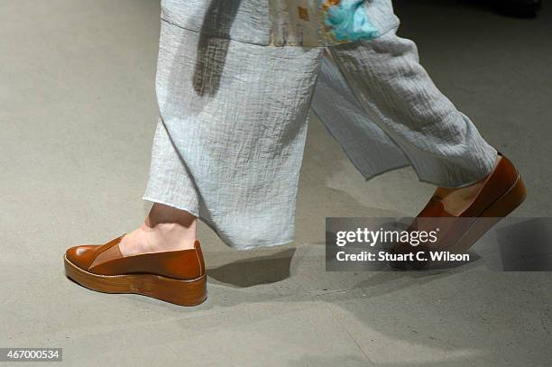 Model, shoe detail, walks the runway of the Bashaques show during Mercedes Benz Fashion Week Istanbul FW15 on March 20, 2015 in Istanbul, Turkey.