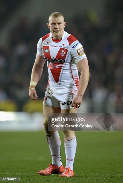 Luke Thompson of St Helens during the First Utility Super League match between St Helens and Warrington Wolves at Langtree Park on March 19, 2015 in...