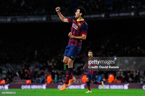 Sergio Busquets of FC Barcelona celebrates after scoring the opening goal during the Copa del Rey Semi-Final first leg match between Barcelona and...