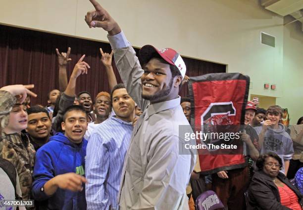 Saluda High's Dexter Wideman picked South Carolina over Florida State during a ceremony inside the gymnasium on Wednesday, Feb. 5 in Saluda, S.C.