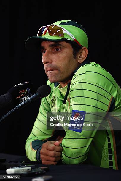 Misbah ul Haq of Pakistan looks on during the post match press conference after the 2015 ICC Cricket World Cup match between Australian and Pakistan...