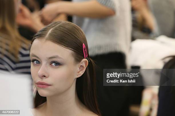 Model prepares backstage prior to the HANAE MORI designed by Yu Amatsu show as part of Mercedes Benz Fashion Week TOKYO 2015 A/W at Shibuya Hikarie...