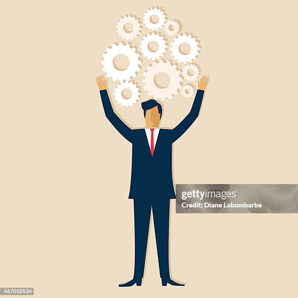 businessman with arms up filled with gears - suit jacket stock illustrations