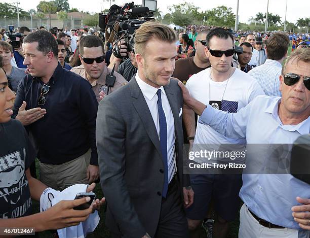 David Beckham is sighted at Kendall Soccer Park during a meet and greet with youth soccer players on February 5, 2014 in Miami Beach, Florida.