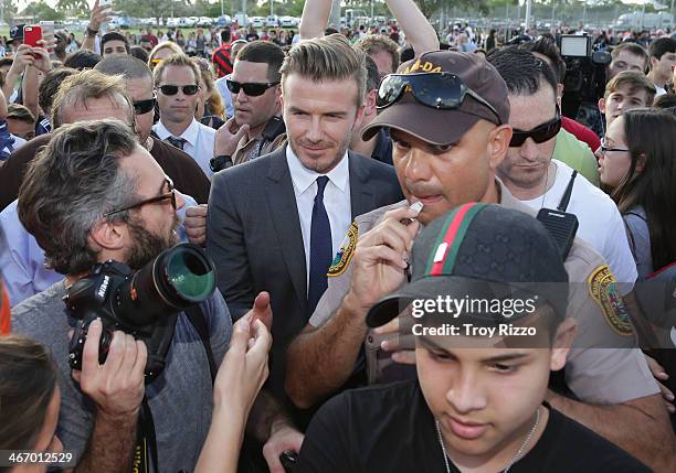 David Beckham is sighted at Kendall Soccer Park during a meet and greet with youth soccer players on February 5, 2014 in Miami Beach, Florida.