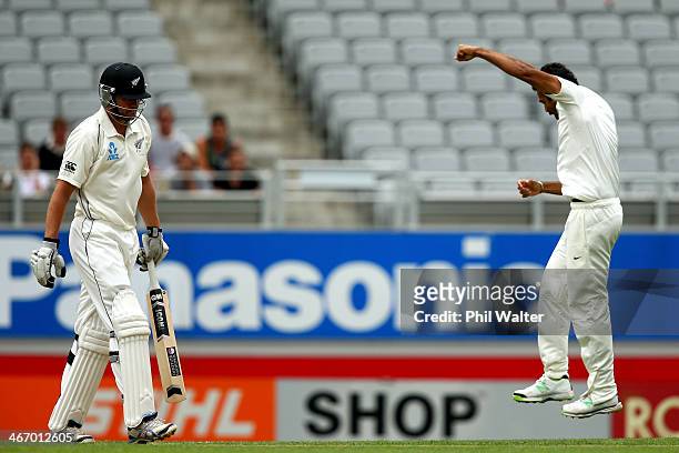 Peter Fulton of New Zealand walks off after being dismissed LBW by Zaheer Khan of India during day one of the First Test match between New Zealand...