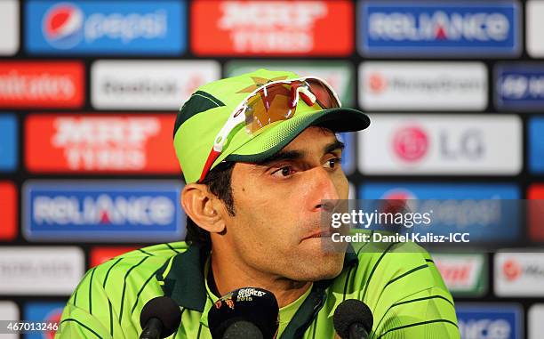 Misbah ul Haq of Pakistan is pictured during the post match press conference after the 2015 ICC Cricket World Cup match between Australian and...