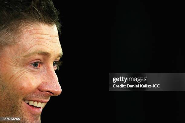 Michael Clarke of Australia is pictured during the post match press conference after the 2015 ICC Cricket World Cup match between Australian and...