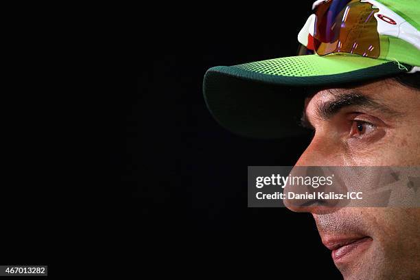 Misbah ul Haq of Pakistan is pictured during the post match press conference after the 2015 ICC Cricket World Cup match between Australian and...