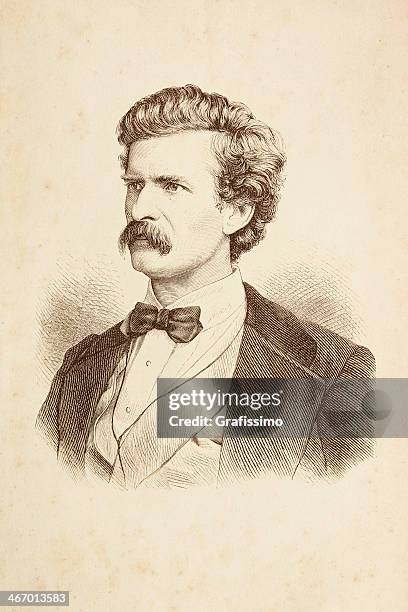 engraving of writer mark twain from 1882 - mark twain stock illustrations