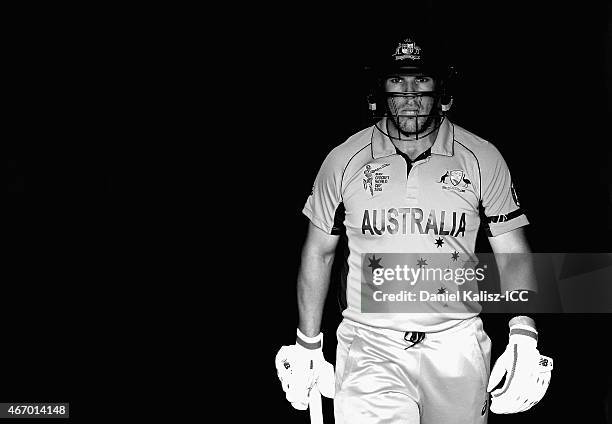 Aaron Finch of Australia prepares to bat during the 2015 ICC Cricket World Cup match between Australian and Pakistan at Adelaide Oval on March 20,...