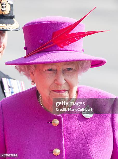 Queen Elizabeth II visits HMS Ocean on March 20, 2015 in Plymouth, England.