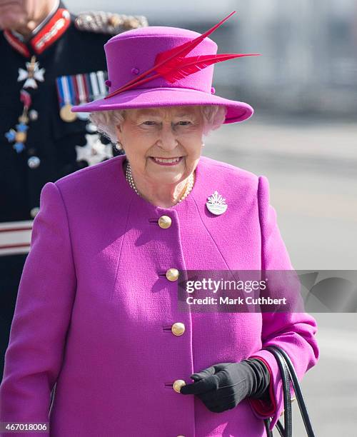 Queen Elizabeth II visits HMS Ocean on March 20, 2015 in Plymouth, England.