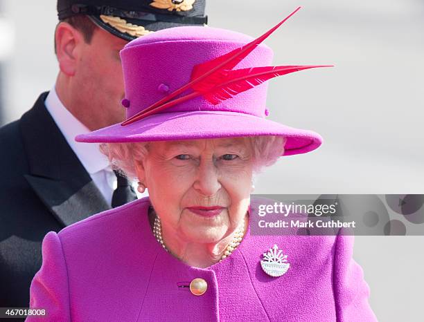 Queen Elizabeth II visits HMS Ocean on March 20, 2015 in Plymouth, England.