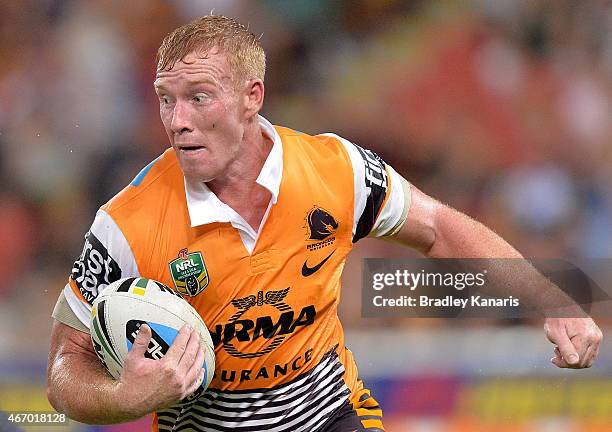 Jack Reed of the Broncos runs with the ball during the round three NRL match between the Brisbane Broncos and the North Queensland Cowboys at Suncorp...